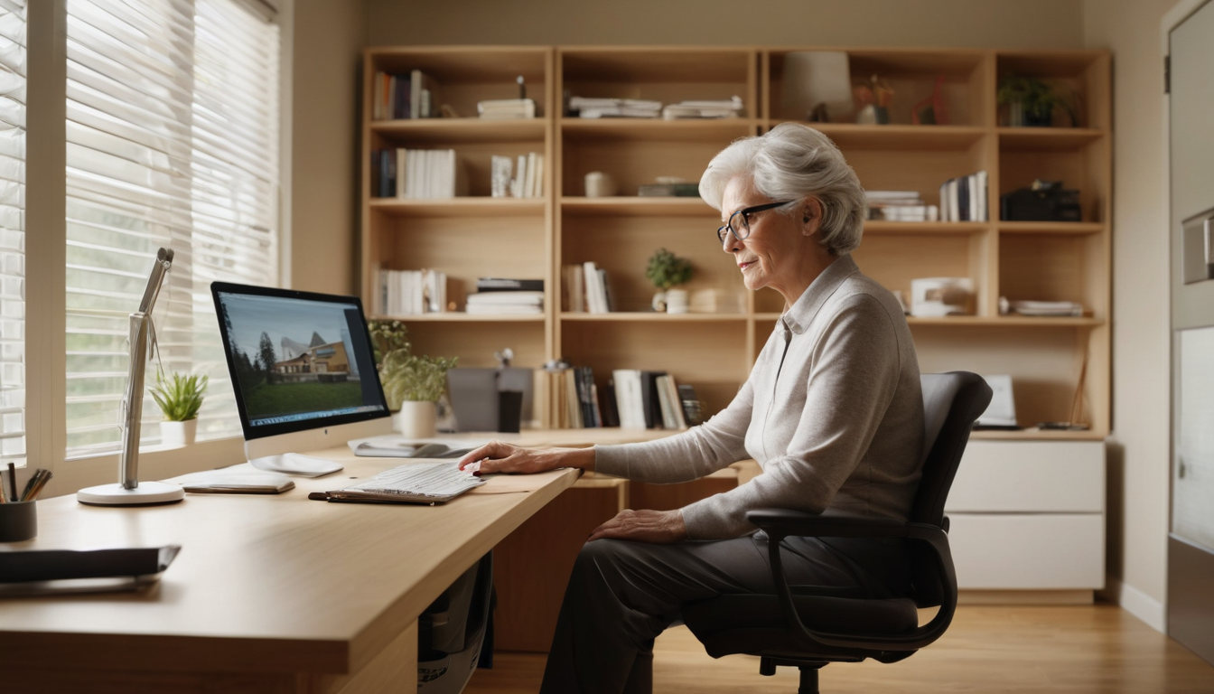 Senior woman sitting at a desk in a home office, working on a computer planning aging in place home modifications.