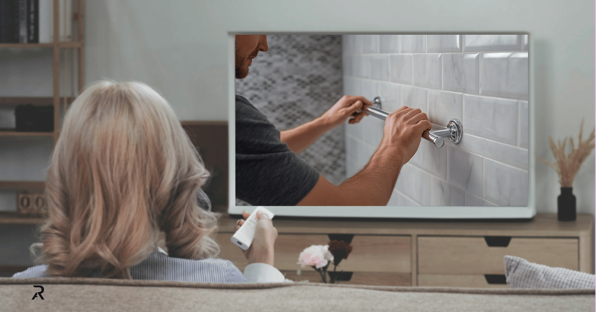 A woman watching a man install a grab bar on a tiled bathroom wall.