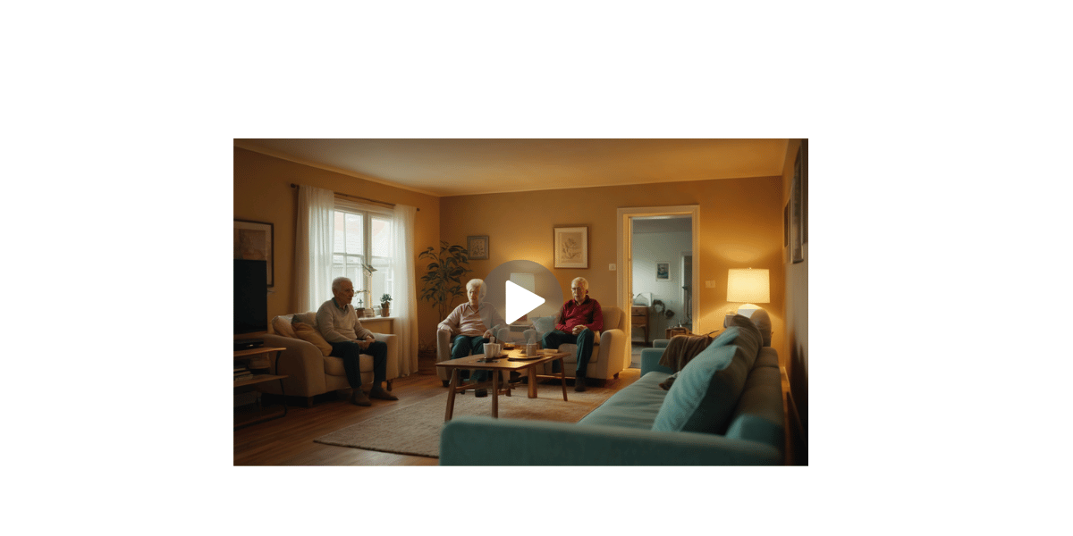 Three seniors sitting in a cozy living room, engaged in conversation.