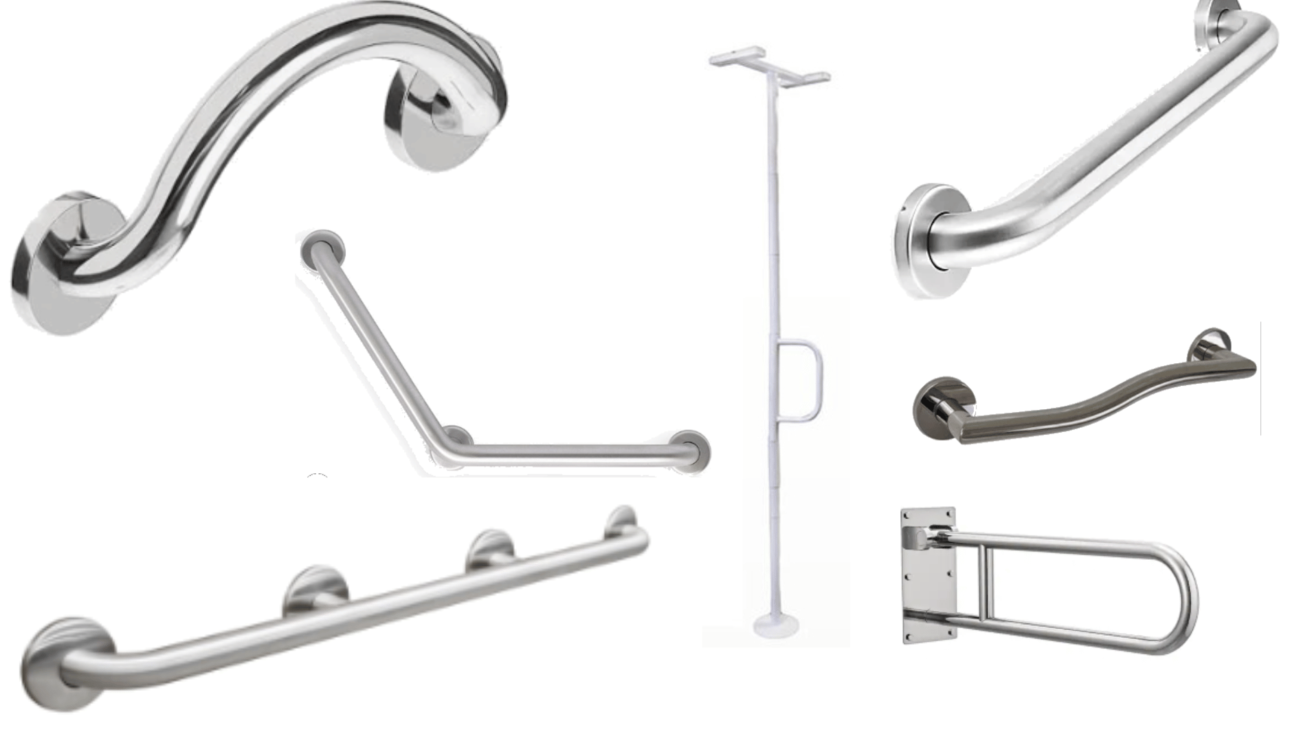 Collection of different styles of bathroom grab bars and safety rails in stainless steel finish.