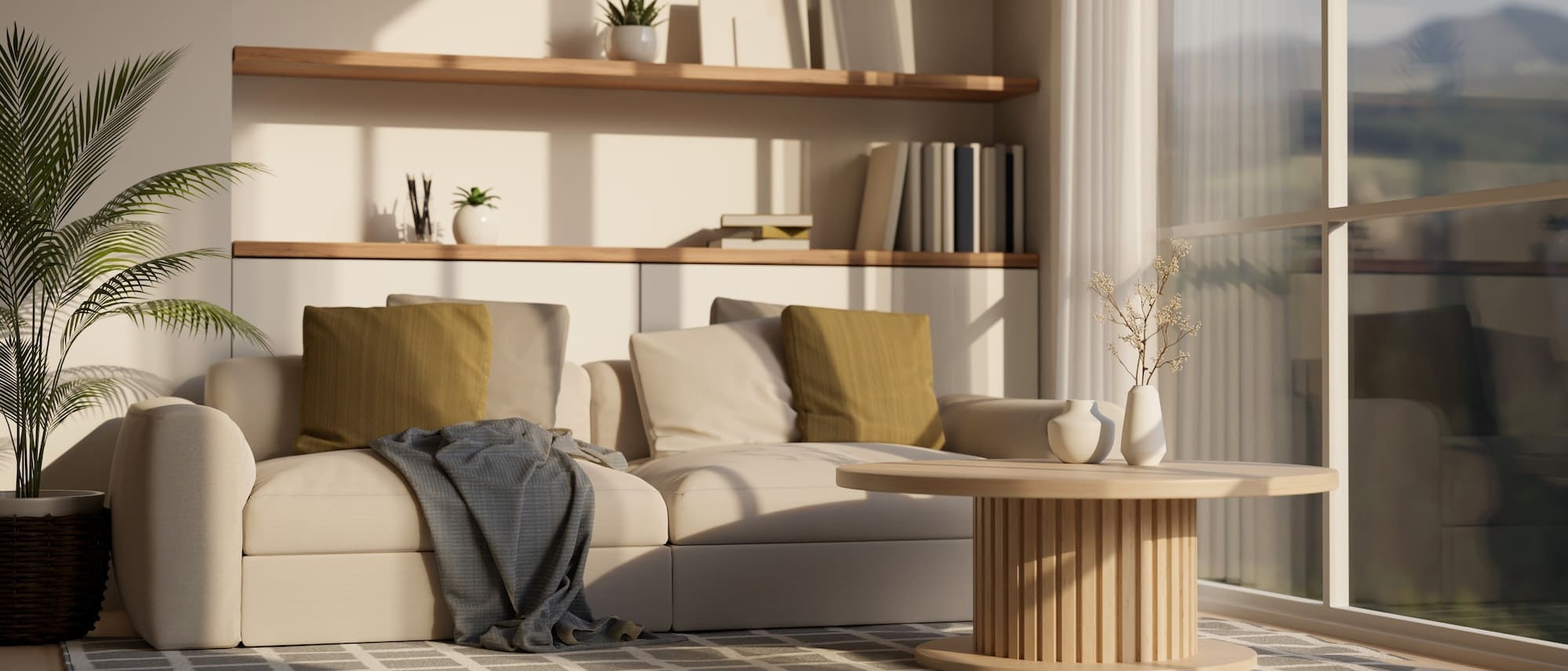 Cozy contemporary living room interior design with comfortable couch with cushions