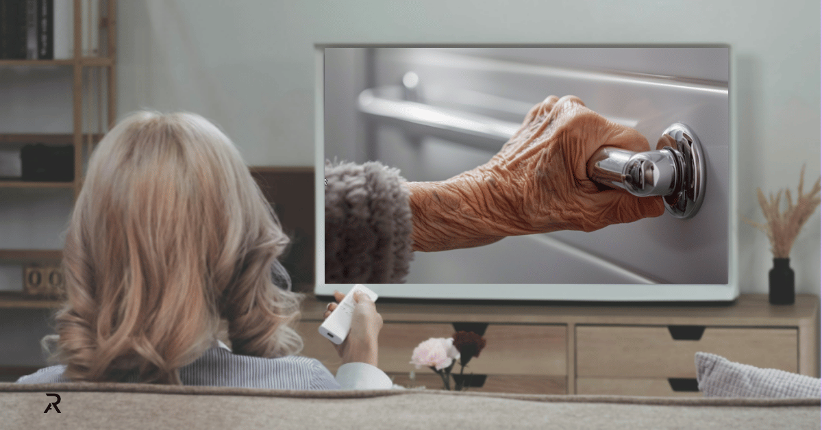 A woman watching TV showing close-up of aged hand grasping a metal handle, emphasizing accessibility, safety and aging.