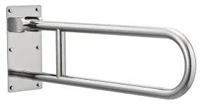 Flip-up stainless steel grab bar with a wall-mounted hinge.