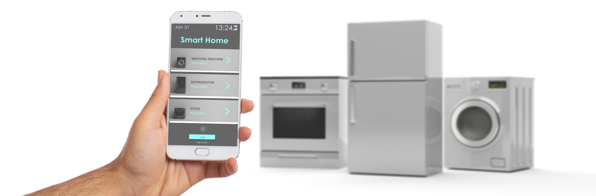 Home appliances set and smart phone on white background. 3d illustration