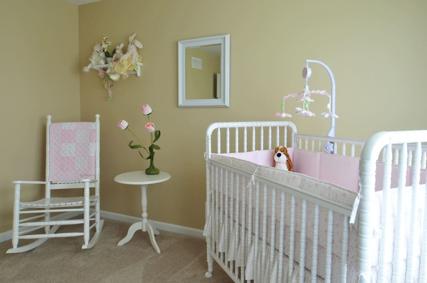 Home comfort, baby nursery crib rocking chair soft pastel color palette neutrals pretty, calming